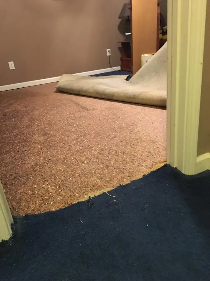 Carpet pad removal revealing water damage during Water Mitigation Services in Grants Pass